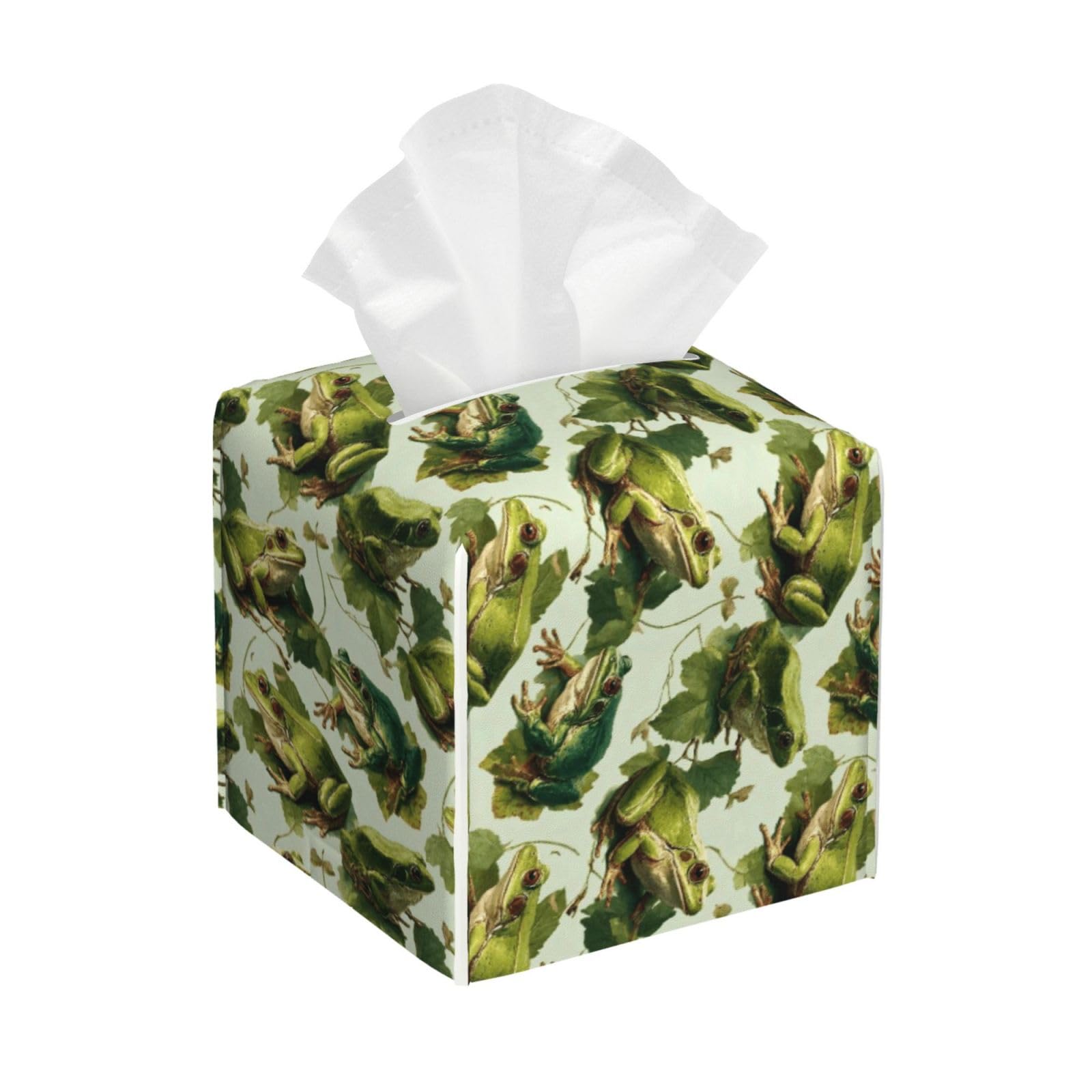 Vintage Green Realistic Frog A Print Tissue Box Cover Holder Square, Foldable Modern Cube Tissue Box Cover, Leather Decorative Organizer for Tabletop Bathroom Car Office Desk Decor