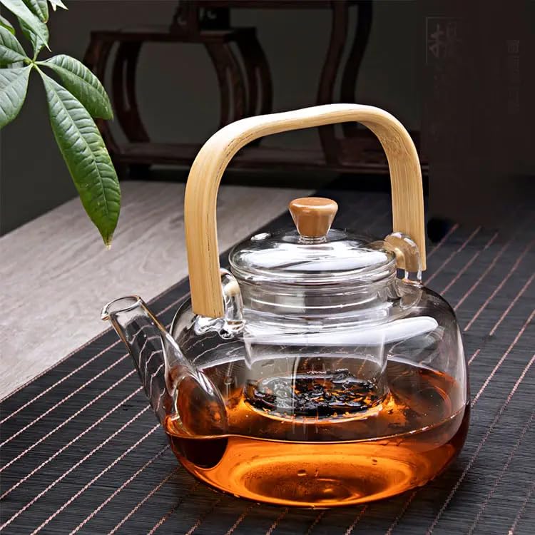 Glass Teapot with Wooden Handle & Lid – 900ml Heat Resistant Boro...