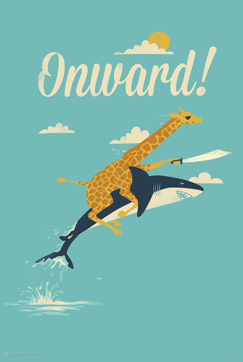Onward! By Jay Fleck Giraffe Riding A Shark Strange Funny Poster 24x36