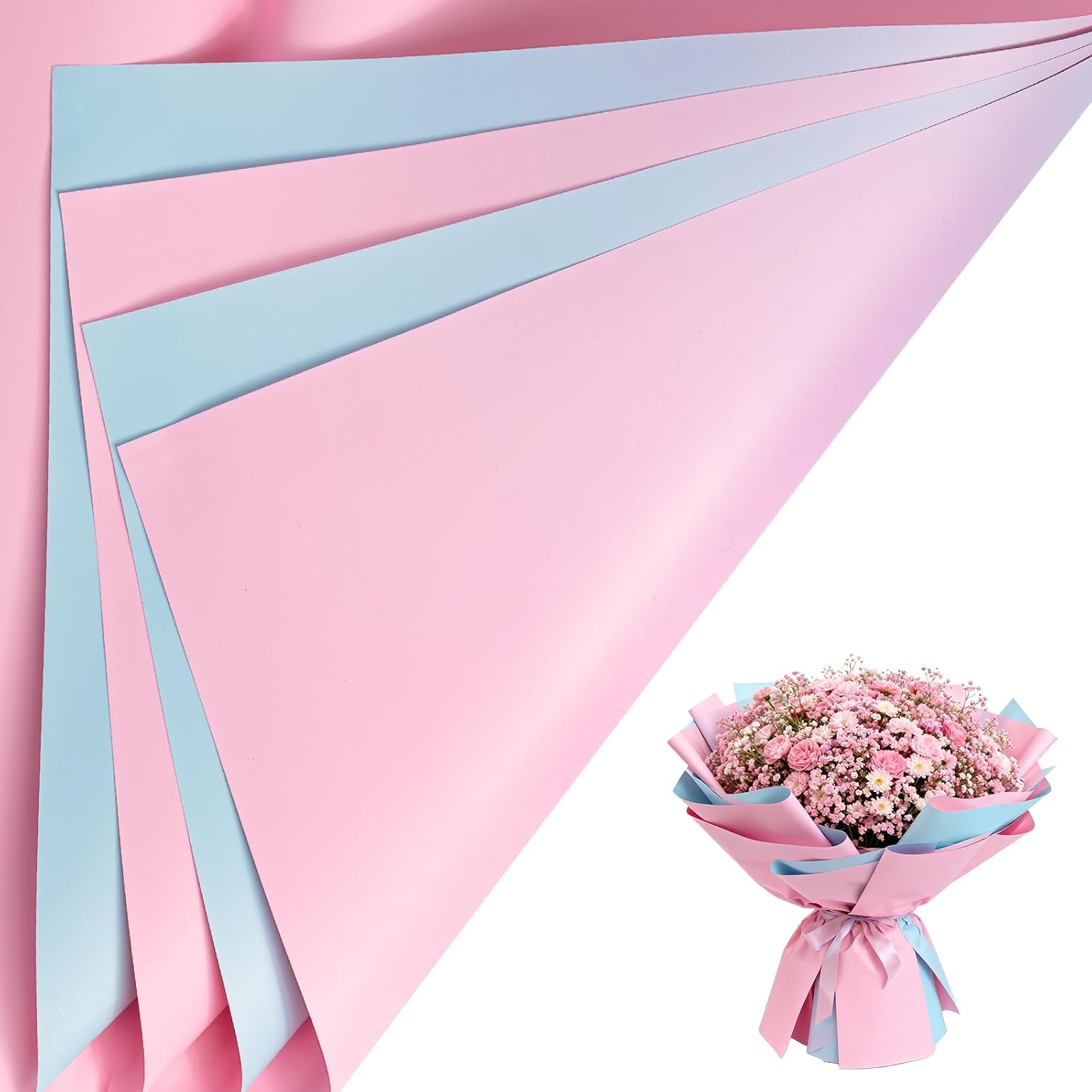 LeZakaa Blush Pink Blue Gradient Flower Wrapping Paper, 20 Sheets Waterproof Reversible Floral Wrap for Bouquets, Valentines Day, Mothers Day, Wedding, Birthday, Baby Shower, 22.8 x 19.7 in