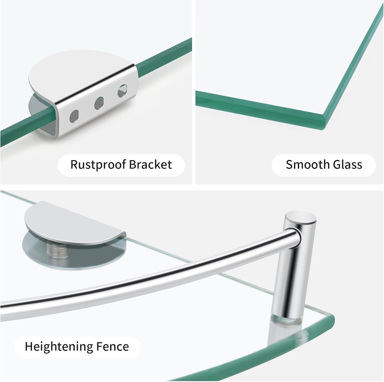Glass Bathroom Shelves - Set of 2 Corner Shelves, Shower and Wall Mount, Floating Glass Shelves for Bathroom, Kitchen, Living Room (Silver)