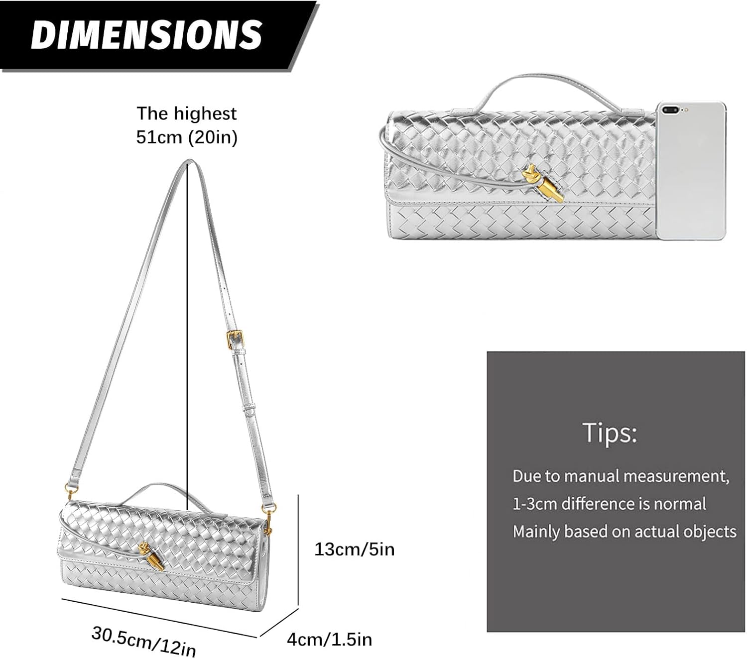 Woven Handbag for Women Evening Shoulder Bag Casual Leather Handbag Fashion Crossbody Clutch Purse Sliver - Image 3