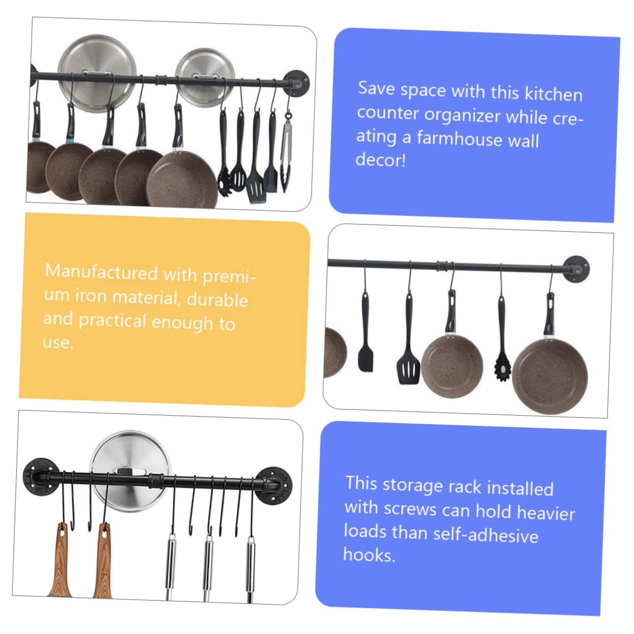 BESTYASH Porta Pentole in Ferro Nero, Rack da Parete con Gancio | Montaggio a Muro, per Cucina e Bagno, Supporto per Coperchi e Asciugamani, Design Salvaspazio