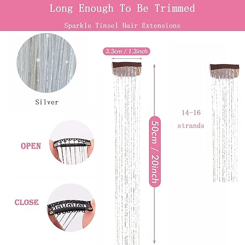 Miniatura 2 de Extensiones de cabello de oropel con clip, kit de oropel plateado con purpurina para mujer, resistente al calor, 21.5 pulgadas, 12 accesorios para