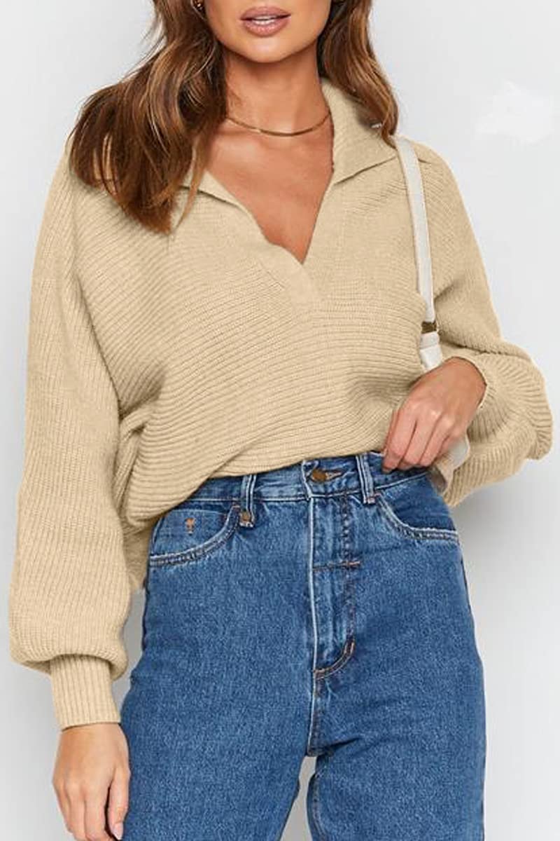 CHYRII Women Overized Puff Long Sleeve V Neck Knitted Polo Pullover Sweater Jumper Tops