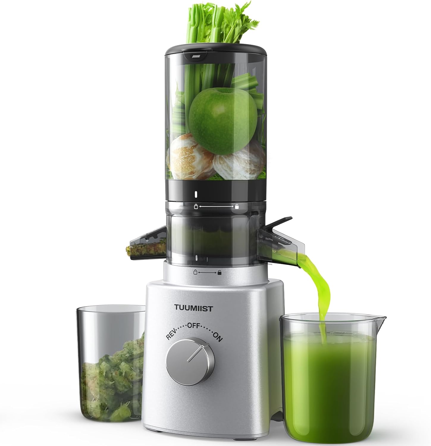 Juicer Machines, TUUMIIST Cold Press Juicer with 4.25'' Large Feed Chute Fit Whole Vegetable And Fruit, Masticating Juicer Easy To Clean, BPA Free (Silvery)