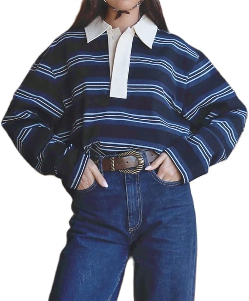Women Striped Rugby Polo Shirt Oversized Vintage Long Sleeve Pullover Tops Preppy Sweatshirt