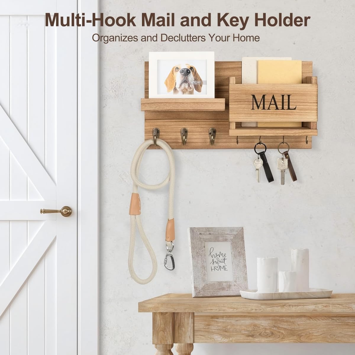Wall-Mounted Wood Mail Holder with Key Hooks, Rustic Entryway Organizer Shelf, 16.5 x 8.2 Inch, Includes Mounting Hardware