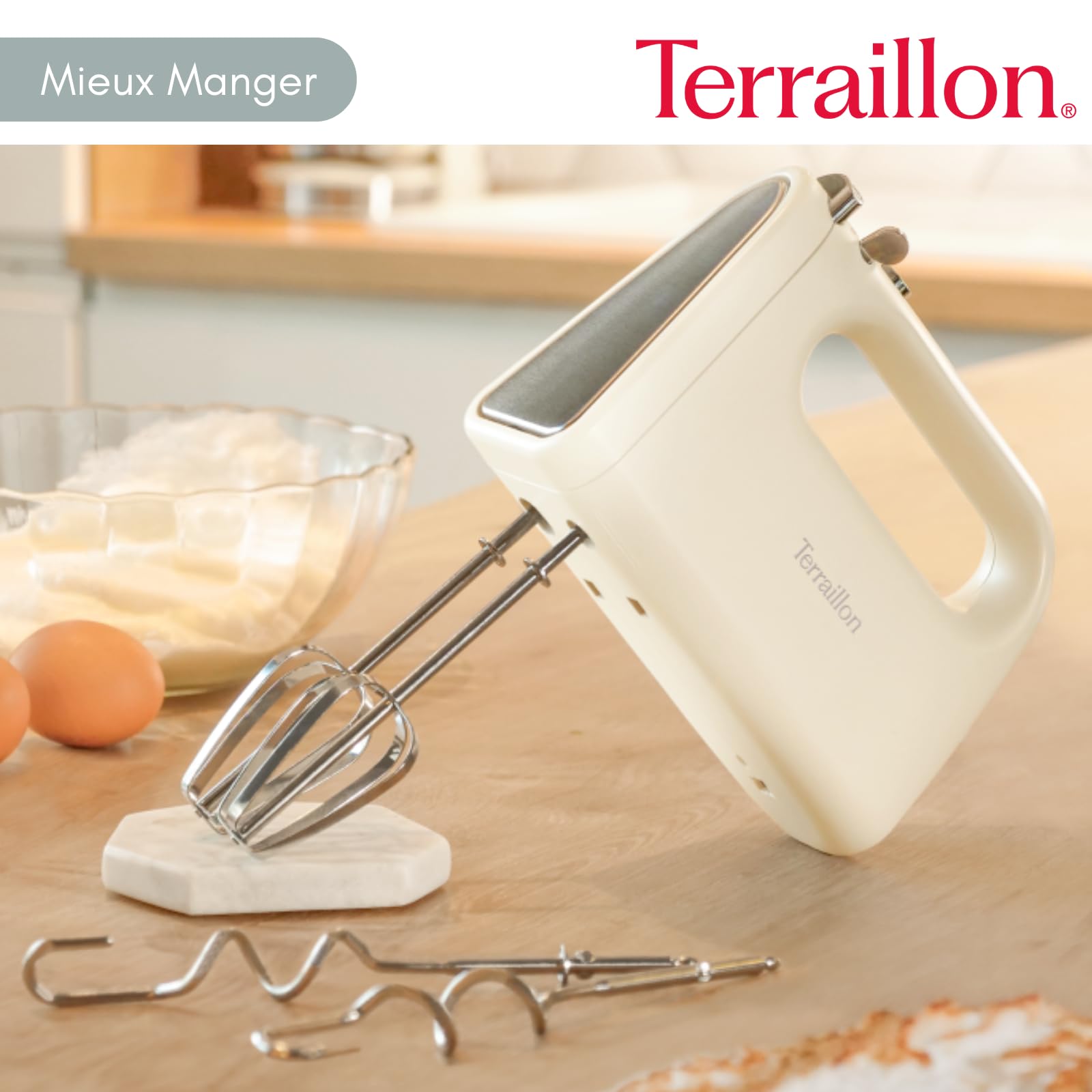 TERRAILLON - SUNRISE - Sbattitore elettrico, frusta e ganci impastatrici in acciaio inox, funzione turbo, 5 velocità, 300 W, pulsante Eject, Design vintage, Crema