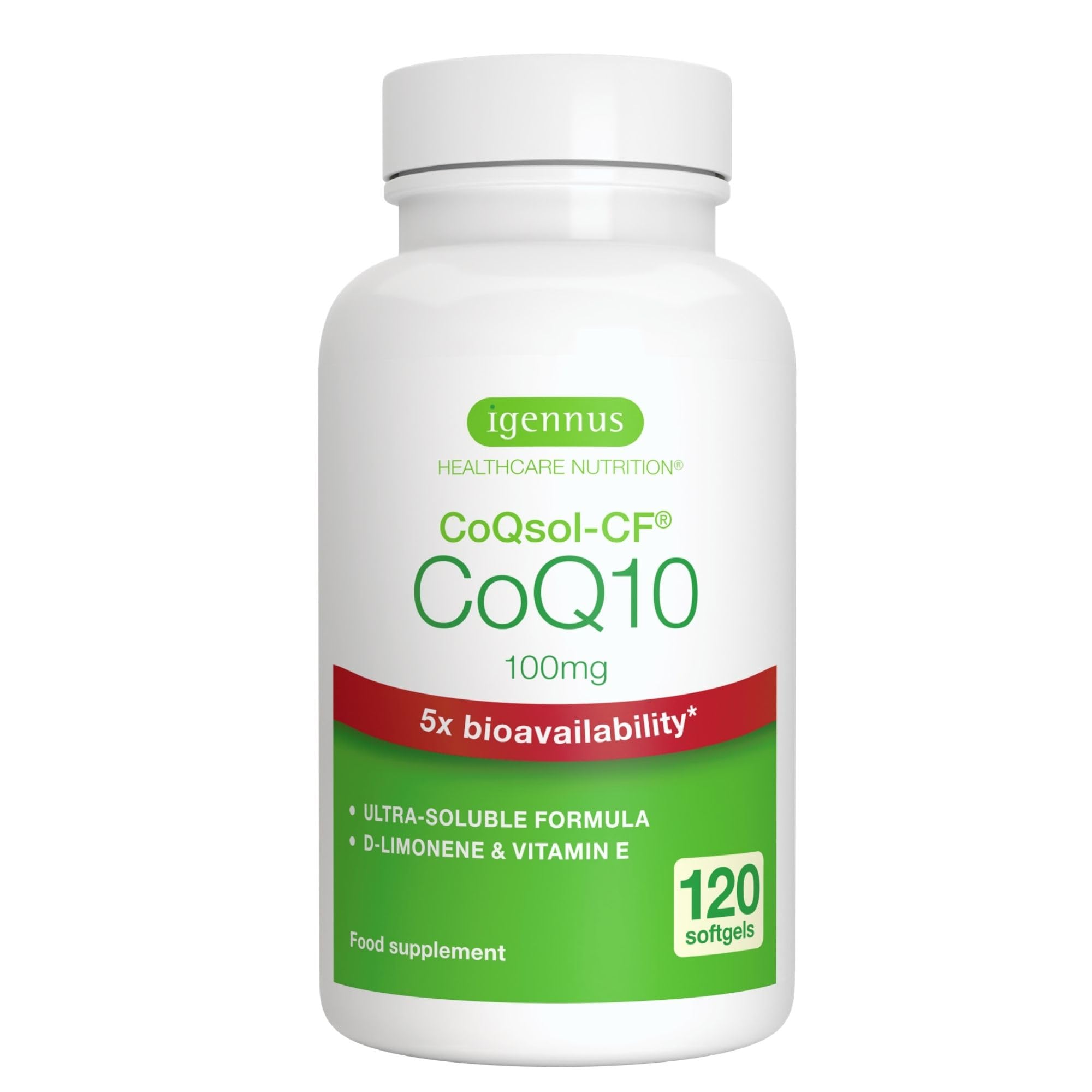Igennus Integratore CoQ10, Coenzima Q10 100mg, 120 Softgels (4 mesi), Biodisponibilità 5x Superiore, Formula Ultra-Solubile CoQsol-CF, Ubichinone Potenziato con Vitamina E e D-Limonene, 1 al giorno