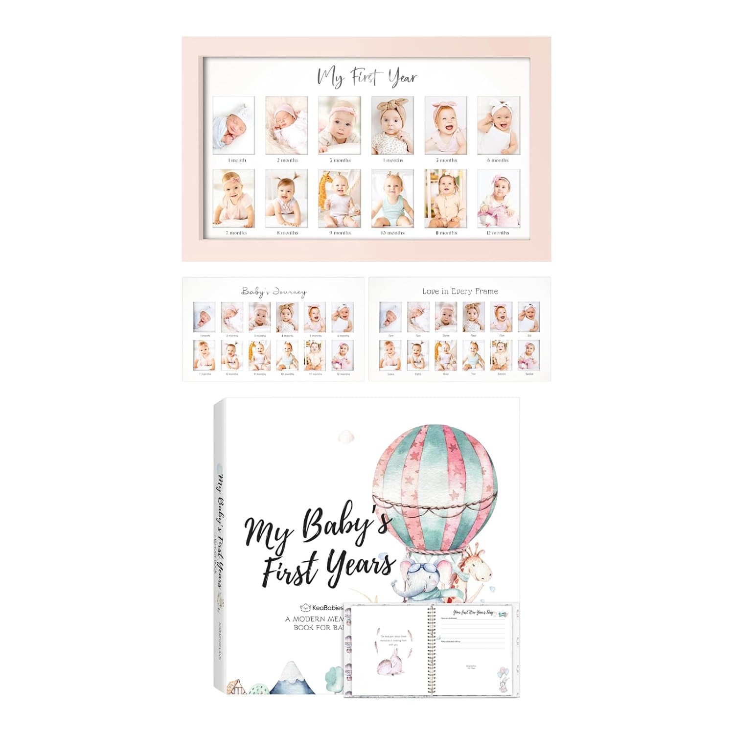 KeaBabies 12 Months Baby Picture Frame for Newborn Girl, Boy and First 5 Years Kids Memory Book - My First Year Photo Frame, Monthly Photo Keepsake - 90 Pages Keepsake Book