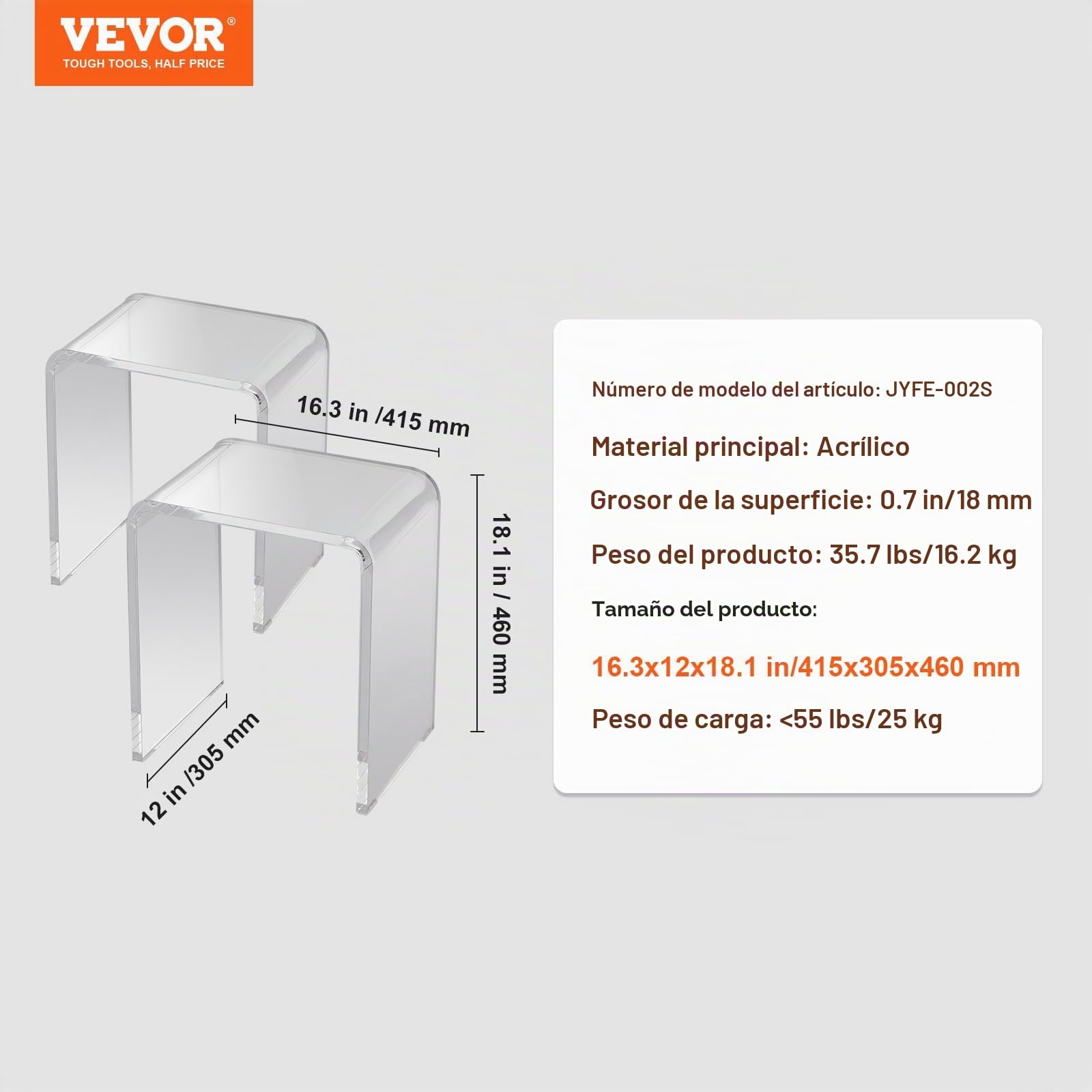 VEVOR Mesa Auxiliar en Forma de C Mesa de Centro Auxiliar para Sofá de Acrílico 2 PCS Mesita de Noche Carga Máxima 25 kg para Negocios al Alcance de Mano Salón Dormitorio, Transparente 415x305x460 mm