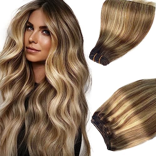 Image of Weft Hair Extensions Human Hair,24 Inch 120G Sew in Hair Extensions Real Human Hair Bundles Natural Black and Blonde Highlights Hair Extensions Real Human Hair Weft Extensions Weave Bundles for Women