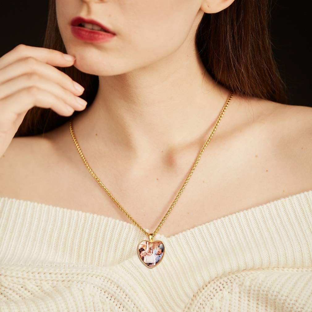 Custom4U Personalized Photo Necklace - Custom Heart/Oval/Round Charm Necklaces with Picture + Chain Adjustable - Stainless Steel/Acrylic Pendant Memorial Jewelry Christmas Gifts for Women