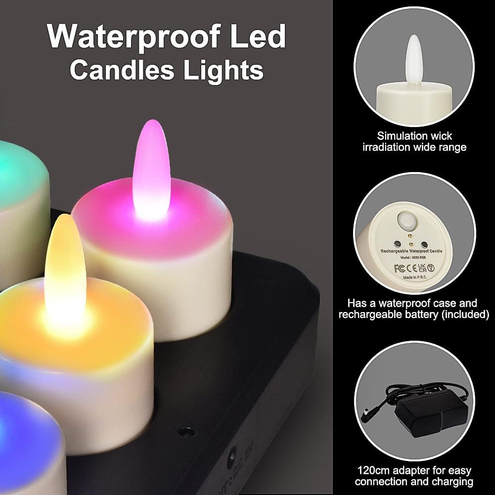 idyl light Rechargeable Tea Lights Candles with Charging Base, Flameless Votive Candles with Remote Timer, Flickering 55 Hours Waterproof Tea Lights, Color Changing, 6 Pack