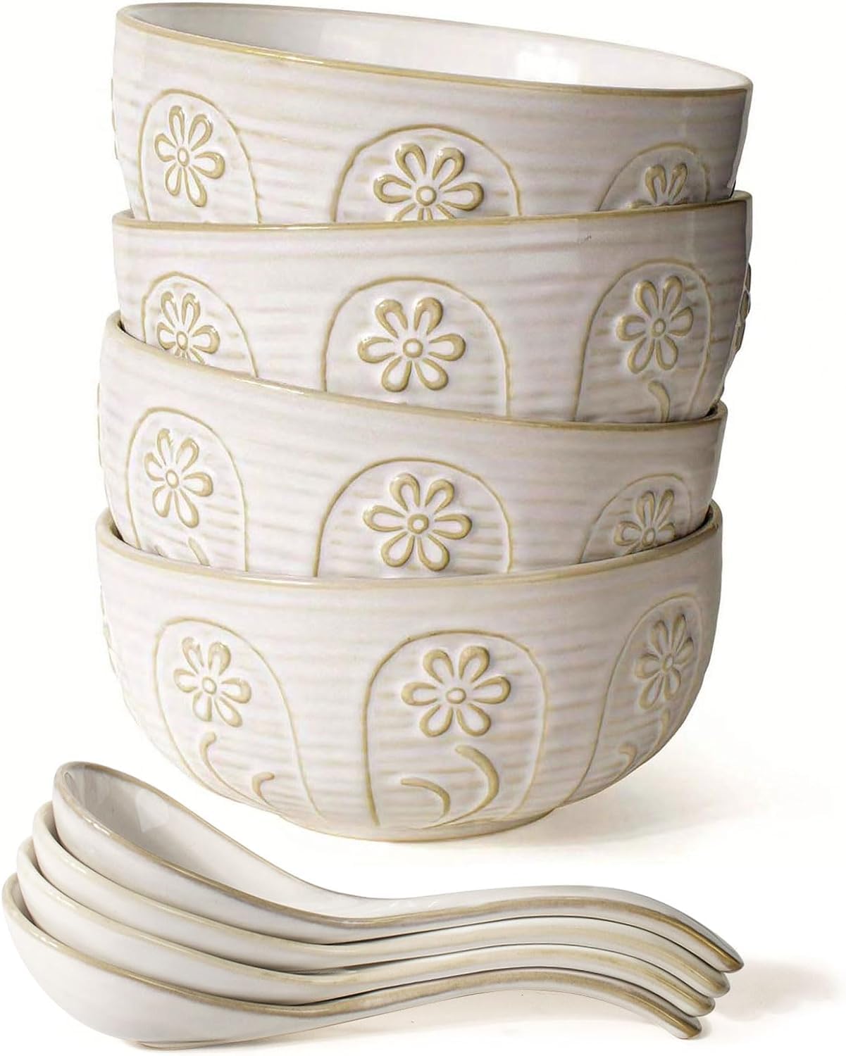 Artena Plates And Bowls Sets, 16 Pieces Dinnerware Sets, Dish Set For 4, Ceramic Kitchen Bowl And Plate Set, Cereal Bowls & Soup Spoons, Pho Bowls And Spoons Set, Embossed Ceramic Ramen Bowls