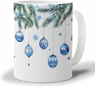 Coffee Mug, Blue Different Xmas Balls Pine Needles Tea Cup for Women and Men, Gifts for Mothers Day Nurse Gift Graduation Gift