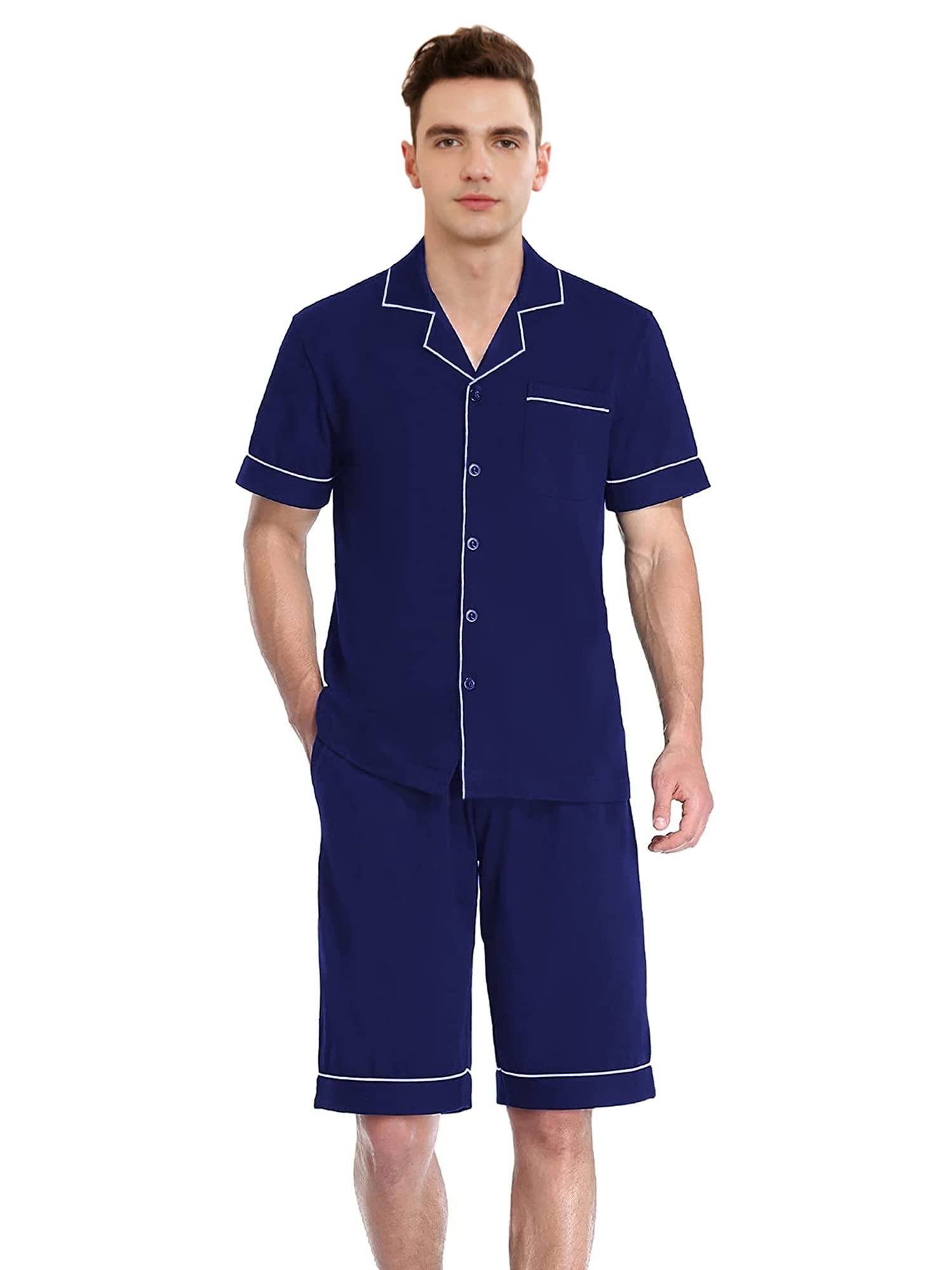 QianXiu Mens Short Pajamas Set Pajamas For Men - Mens PJs Sets, Classic, 100% Cotton