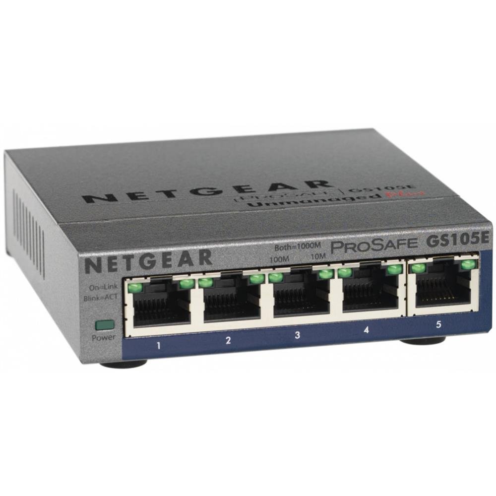 Netgear GS105E Managed Switch 5 portów Gigabit Ethernet LAN Switch Plus, zarządzanie przełącznikiem sieciowym, IGMP, QoS, VLAN, bezwentylatorowy, metalowa obudowa, szary