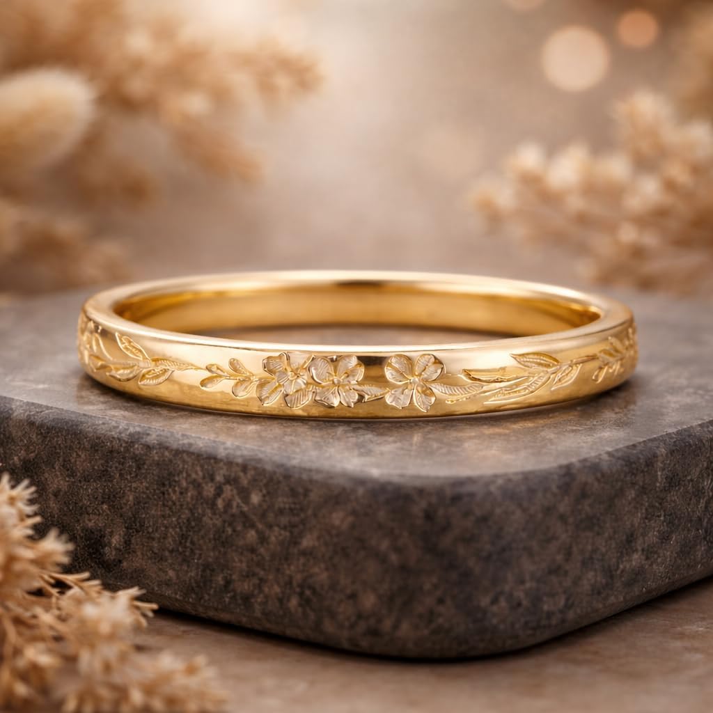 14K Yellow Gold Plated Floral Engraved Wedding Band for Women Vintage Blossom Carved Ring Minimalist Gold Promise Stackable Anniversary Elegant Nature Inspired Jewelry Gift for Her