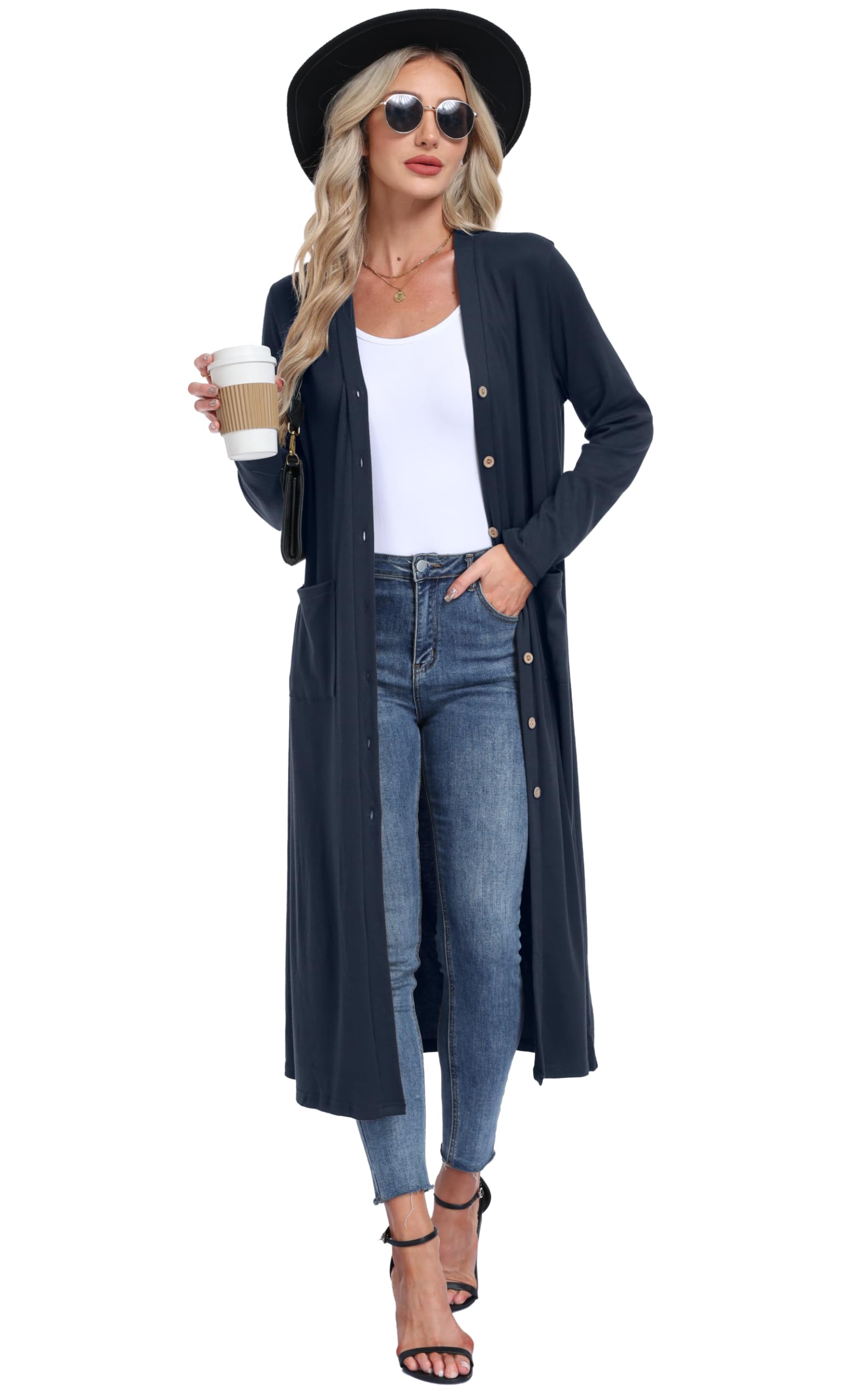 GRECERELLE Damen Sommer Lang Strickjacke Extra Langer Elegant Leichte Strickjacken Lässig Gestrickte Cardigan V-Ausschnitt Strickcardigan mit Retro Holzknöpfe, Taschen
