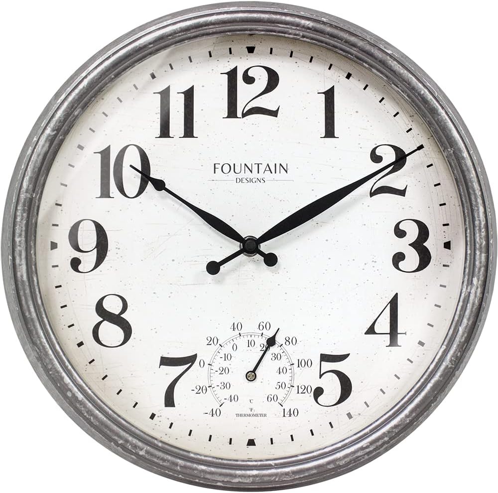 Maison in/Outdoor Clock with Thermometer, 2 in One Weather Station (Weather Thermometer/Wall Decoration) (Galvanized, 13 inch)