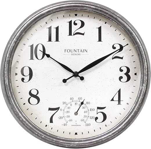 Maison in/Outdoor Clock with Thermometer, 2 in One Weather Station (Weather Thermometer/Wall Decoration) (Galvanized, 13 inch)