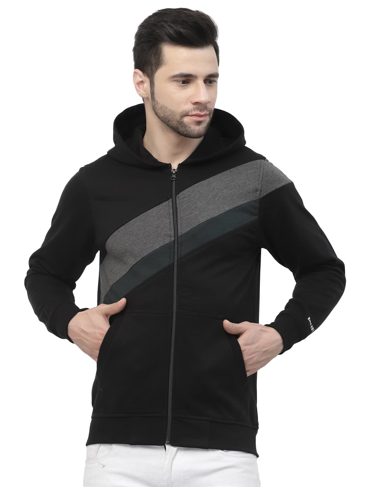 kalt Men Full Sleeves Zipper Fleece Colour Block Hoodie-picture-17