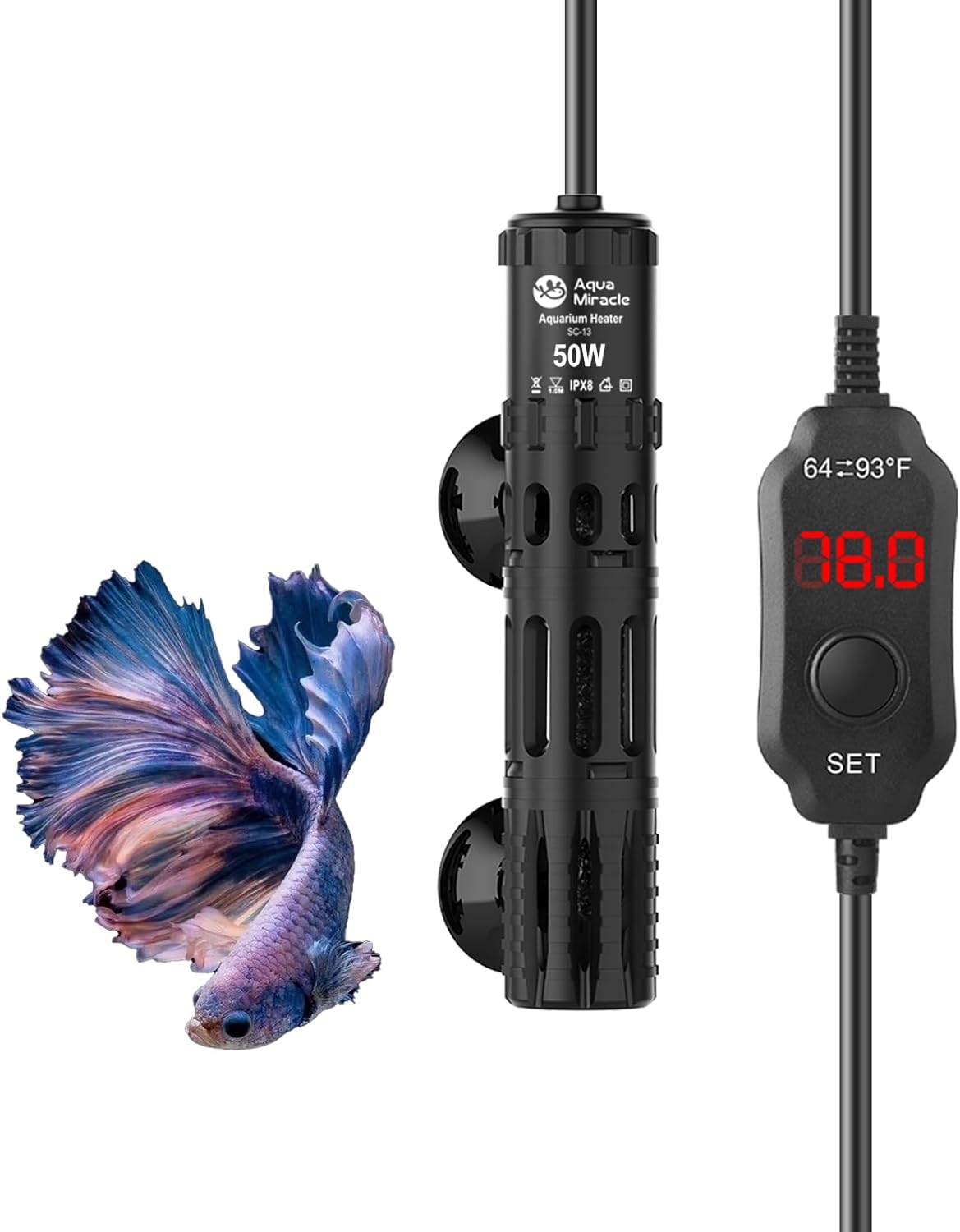 AquaMiracle Aquarium Heater with LED Digital Display Thermostat, Adjustable Fish Tank Heater with Protective Housing, Fish Heaters Turtle Tank Heaters for 5-10 Gallon Tanks(50W) 50 Watt