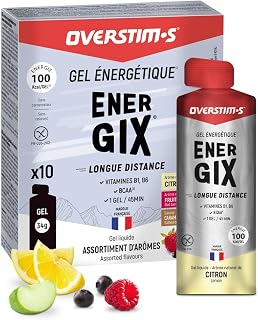 Overstim.s - Gel Energix (10 sachets) - Gel énergétique pour le sport - Energie longue durée (Glucose+Fructose+Maltodextrines) - BCAA - 100 kcal/gel - Assortiment (Citron, Fruits rouges, Caramel salé)