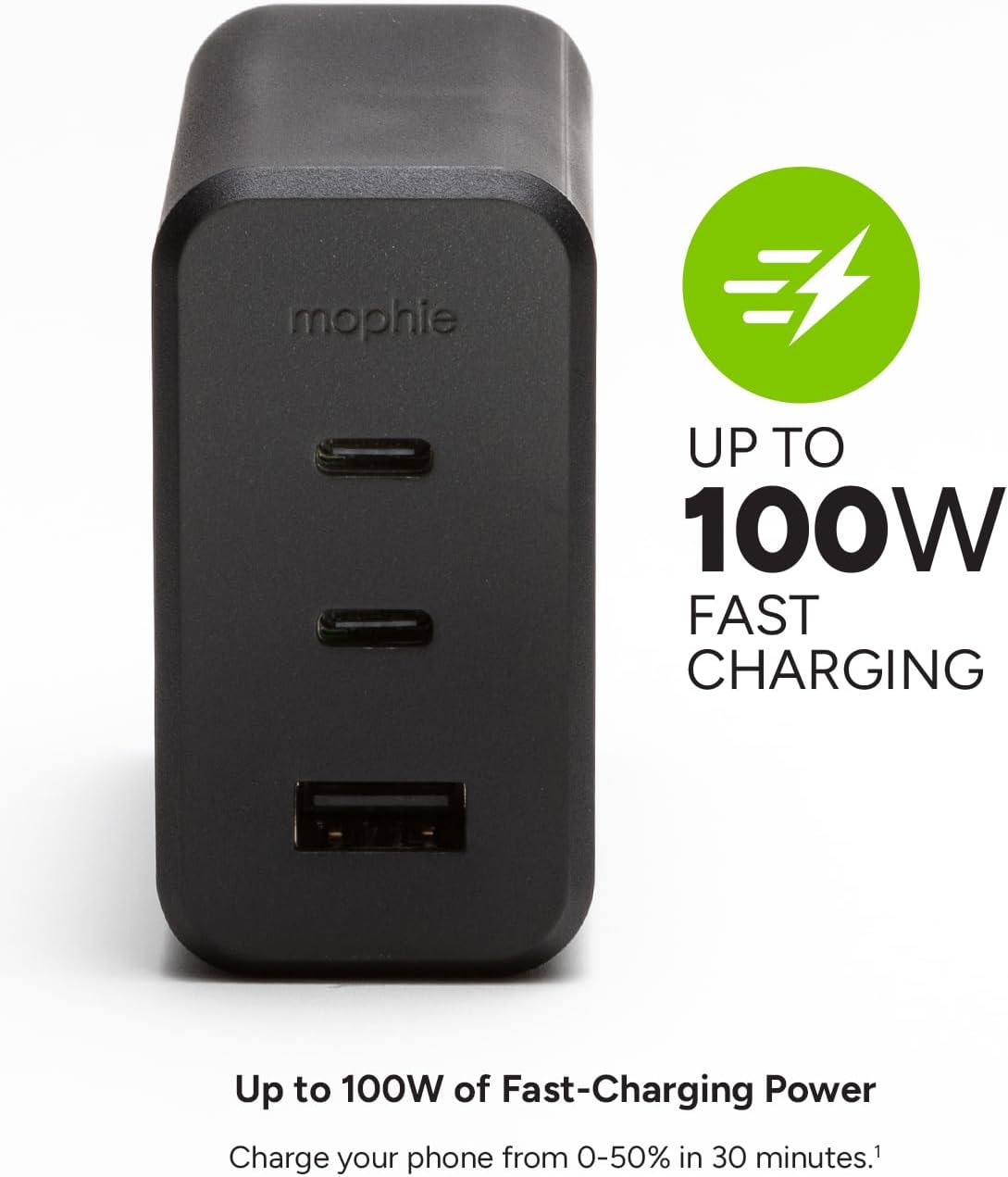 Mophie GaN 100W USB C Charger Block - 3-Port Fast Charger for MacBook, iPad, iPhone, Samsung Galaxy, Google Pixel, Laptops - with 1.5m/5ft Cable, Dual USB-C PD Ports, Black