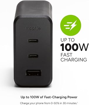Mophie GaN 100W USB C Charger Block - 3-Port Fast Charger for MacBook, iPad, iPhone, Samsung Galaxy, Google Pixel, Laptops - with 1.5m/5ft Cable, Dual USB-C PD Ports, Black