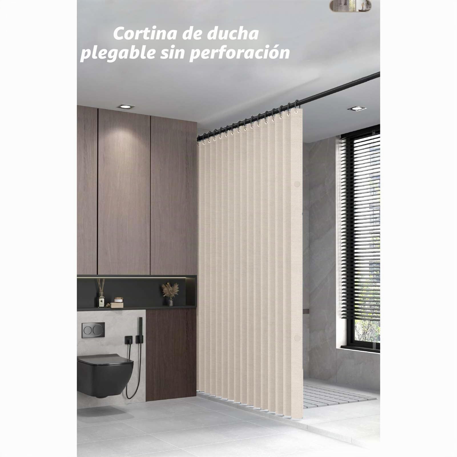 Cortina Ducha Impermeable Magnética Plegable, Beige, 180x180cm | Cortina Ducha de Lino antimoho con imán a Prueba de Salpicaduras y Ganchos