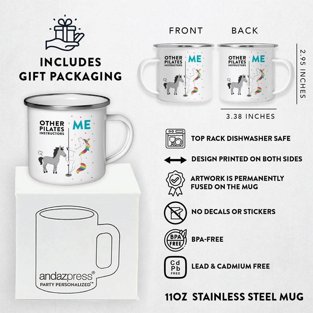Andaz Press Funny Quirky 11Oz. Stainless Steel Campfire Coffee Tea Mug Thank You Gift, Other Pilates Instructors Me, Horse Unicorn, 1-Pack, Birthday Christmas Ideas Coworker, With Box Pilates Mug - Image 2