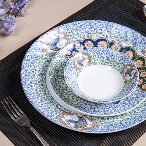 Image of GOLDEN QUEEN'S Handcrafted 12 Pieces Dinner Set | 4 Dinner Plates, 4 Small Bowls & 4 Snack Plates | Perfect for Hosting Guests and Daily Meals - Indian Peafowl