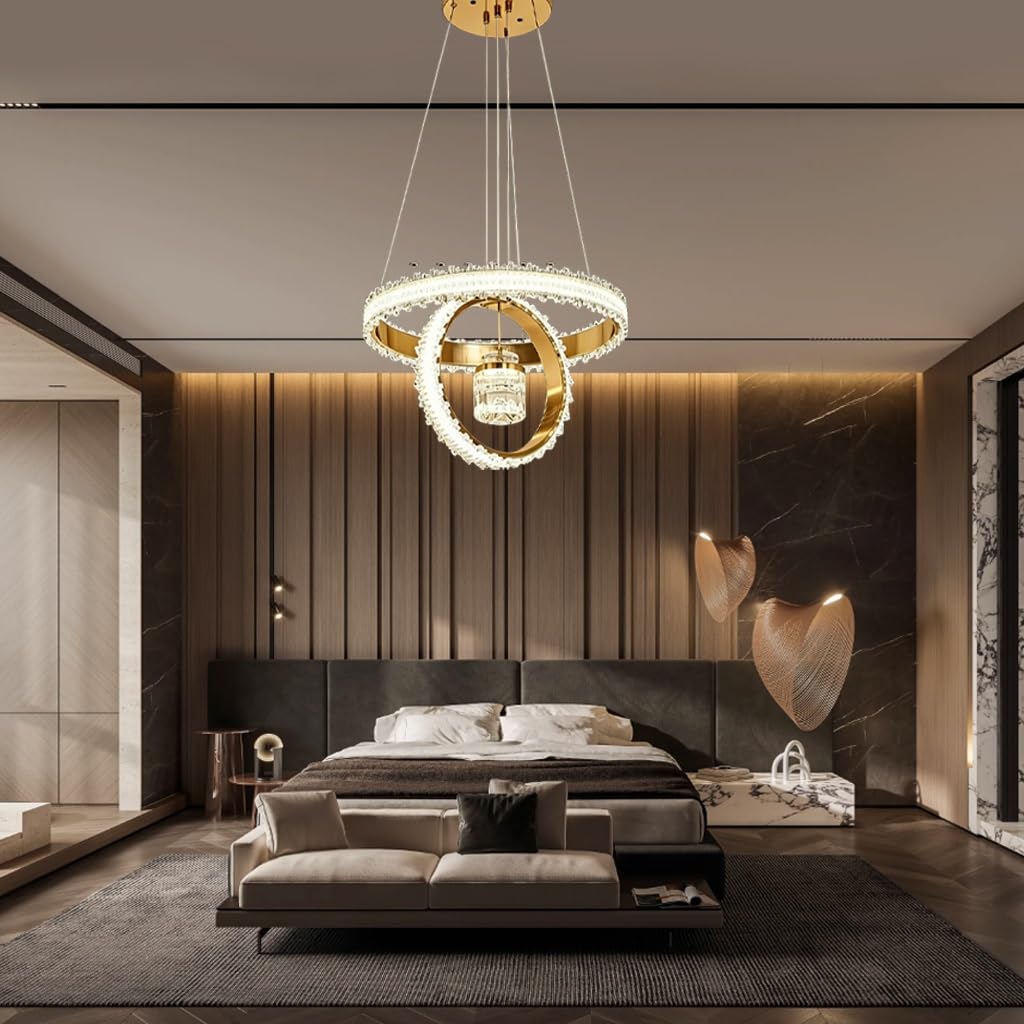 Lampa Kryształowa Nowoczesna Lampa Wisząca LED O Dwupierścieniowym Wzorze Regulowana Wysokością 50 Cm Oświetlenie Ściemnialne W Trzech Kolorach Odpowiednia Do Salonu Jadalni I Sypialni