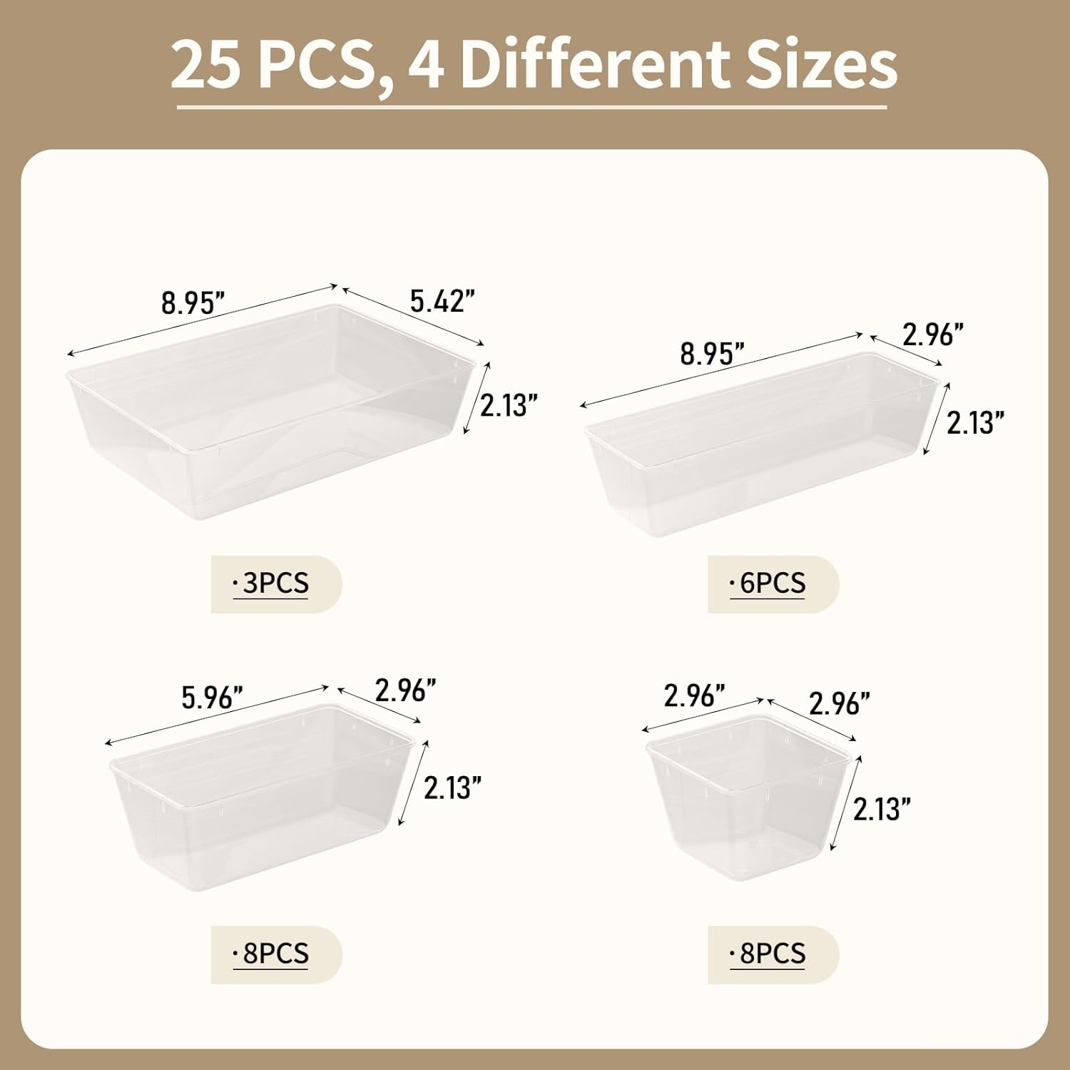 Yanosaku 25 PCS Clear Plastic Drawer Organizer Set, 4 Sizes Vanity Organizers, Desk Drawer Divider Organizers and Storage Bins for Makeup, Jewelry, Gadgets for Kitchen, Bathroom, Office
