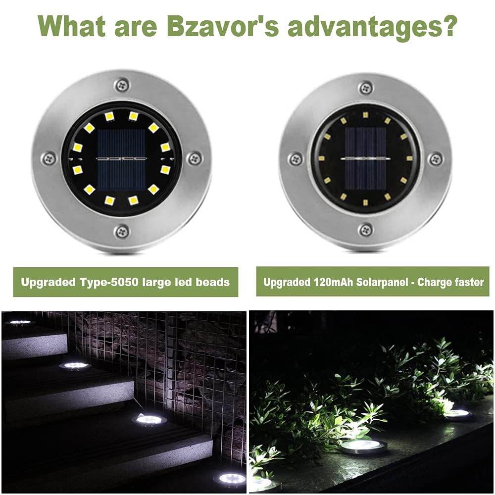 Bzavor 12 stuks vloerlampen op zonne-energie, voor buiten, 12 leds, zonnelampen met upgrade zonnepaneel, tuinverlichting, zonnelamp, decoratie voor gazon, looppad, zwembad, terras (koud wit