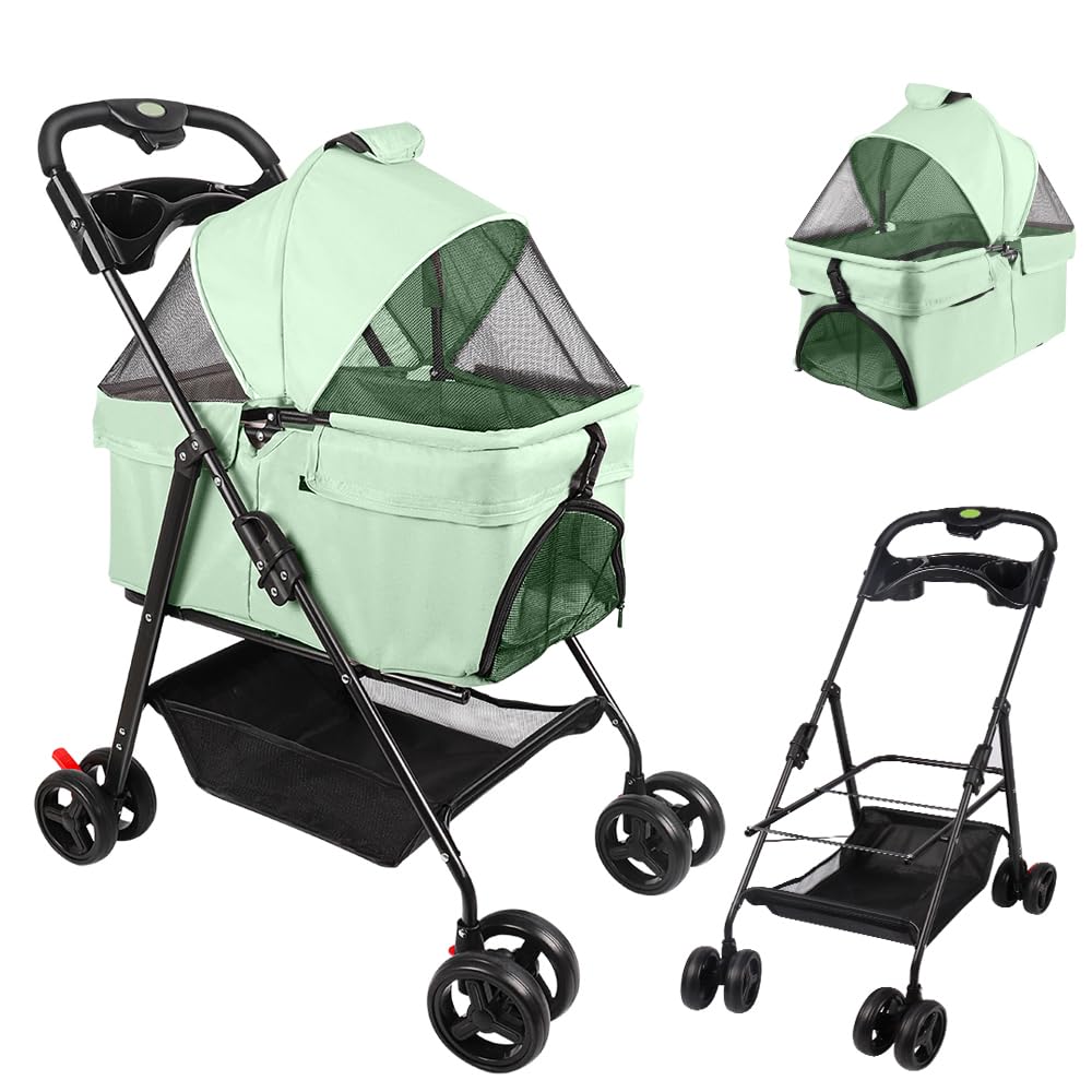OHMG Faltbarer Buggy für Tiere, faltbar, für Hunde und Katzen, Getränkehalter, Aufbewahrungskorb, inklusive Rollen mit Bremse, 600D Oxford-Stoff, mit abnehmbarer Babywanne, faltbare Transportbox