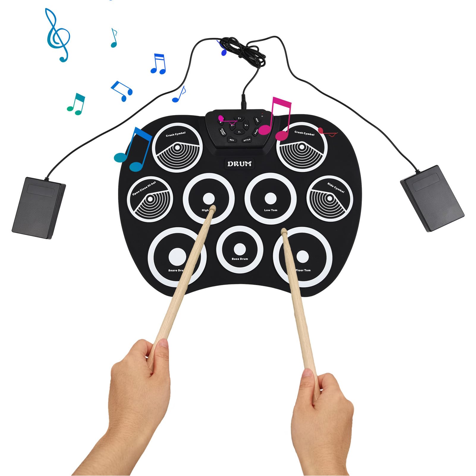 Dilwe Batería Electrónica Portátil, Kit de Práctica Enrollable de 9 Pads con Salida MIDI, Pads Electrónicos Ultrafinos, 2,5 Mm para grabación en casa, viajes y estudio