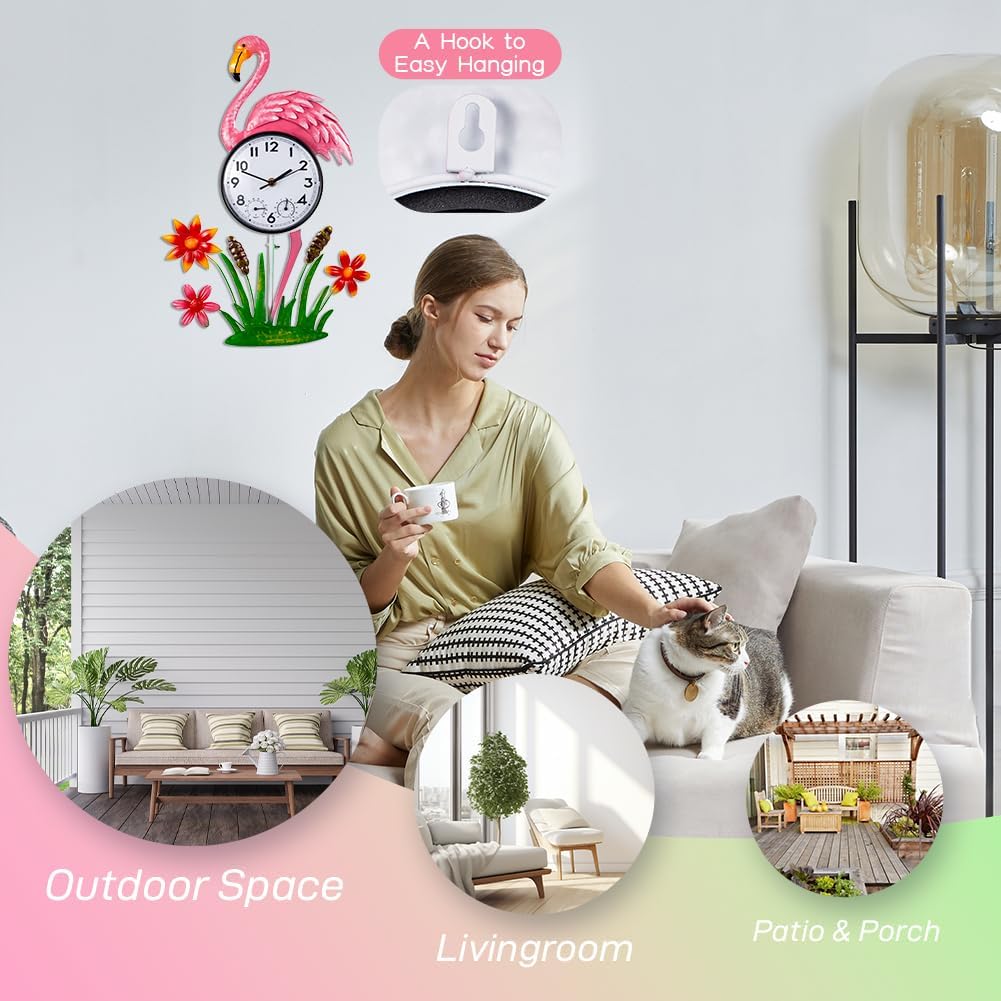 Flamingo Outdoor Clock Silent None-Ticking, Outdoor Wall Clock with Thermometer & Humidity, Waterproof Outside Clock for Patio, Living Room, Kitchen (Pink)