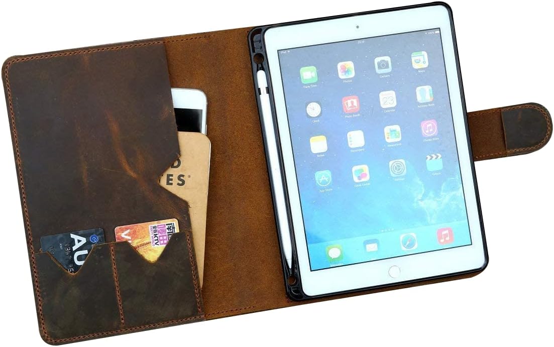 IPMCN Personalized Distressed Leather iPad Pro 10.5/9.7 Portfolio Case with Apple Pencil Holder - iPad Stand Cover - Magnetic Snap