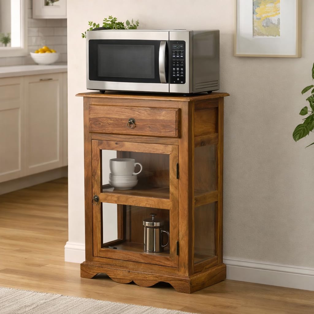 ANGEL FURNITURE Sheesham Wood Portland Kitchen Crockery Cabinet in Honey Finish Finish | Oven Stand | Microwave Stand