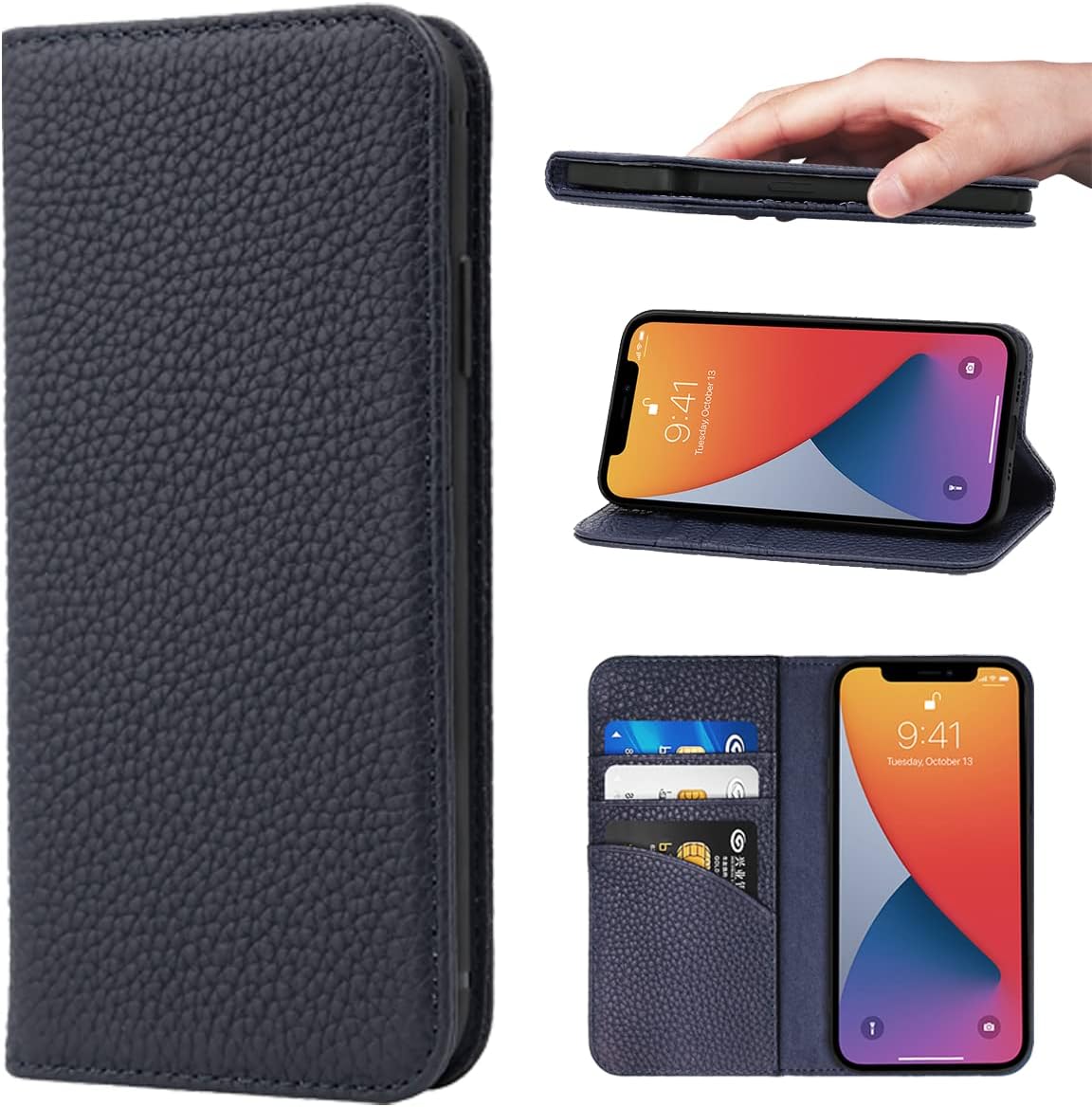 NanHou iPhone 12 Pro Max Case Genuine Leather Card Holder Wallet Case Shockproof Flip Cover - Royal blue