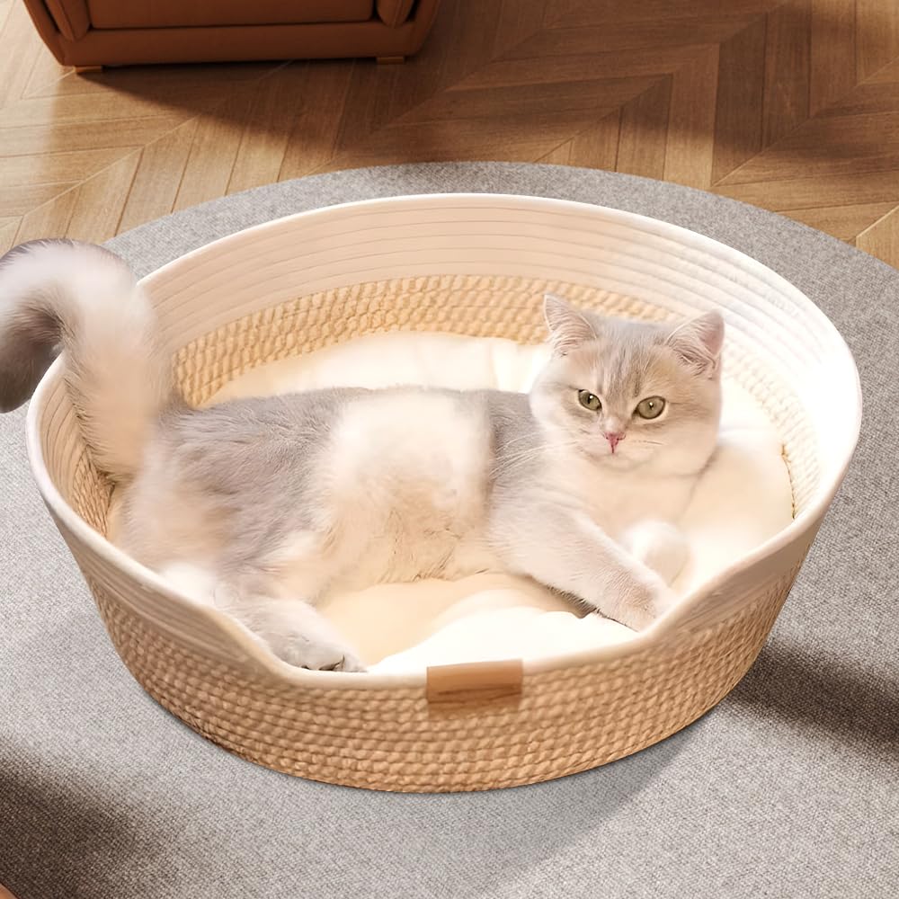 Lit pour Chat avec Coussin, 48 cm Panier pour Chat en Cordes de Coton Tressé, pour Tous Les Chats, Toutes Saisons, Universel