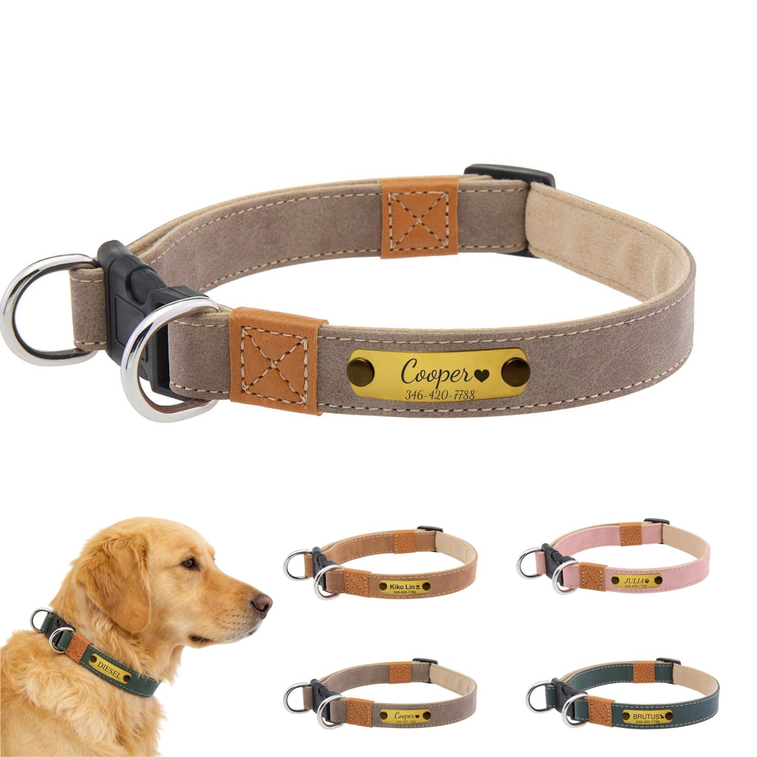 Leather Dog Collar Personalized with Engraved Nameplate, Adjustable PU Pet Collar with Name & Phone, Anti-Pull Buckle, Custom Paw Heart Bone Design for Small Medium Medium-Large Dogs