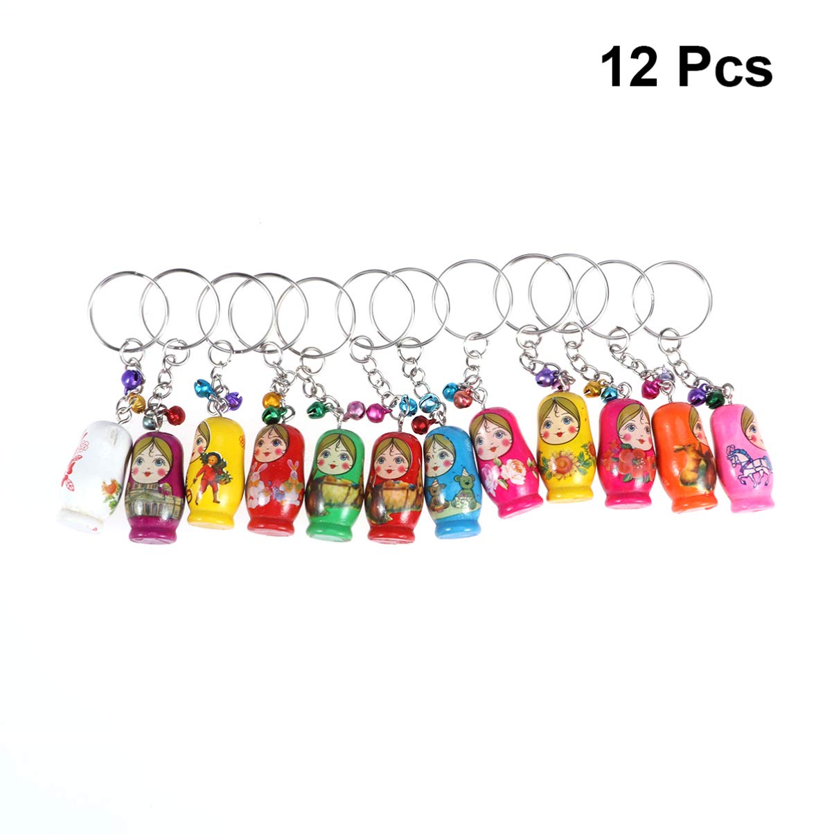 SUPVOX 12pcs Portachiavi Bambola di nidificazione Creativa Portachiavi Bambole Russe in Legno con Campana 3 4 x 1 7 x 1 7 cm Bambole Russe in Legno (Modello Casuale)