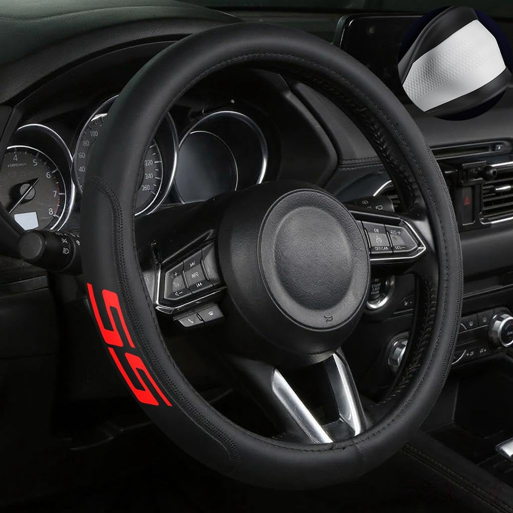 Leather Steering Wheel Cover for RS with a Rubber Inner Ring fit for 14-15 Inch Compatible with RS Camaro Malibu Cruze Impala (RS-W)