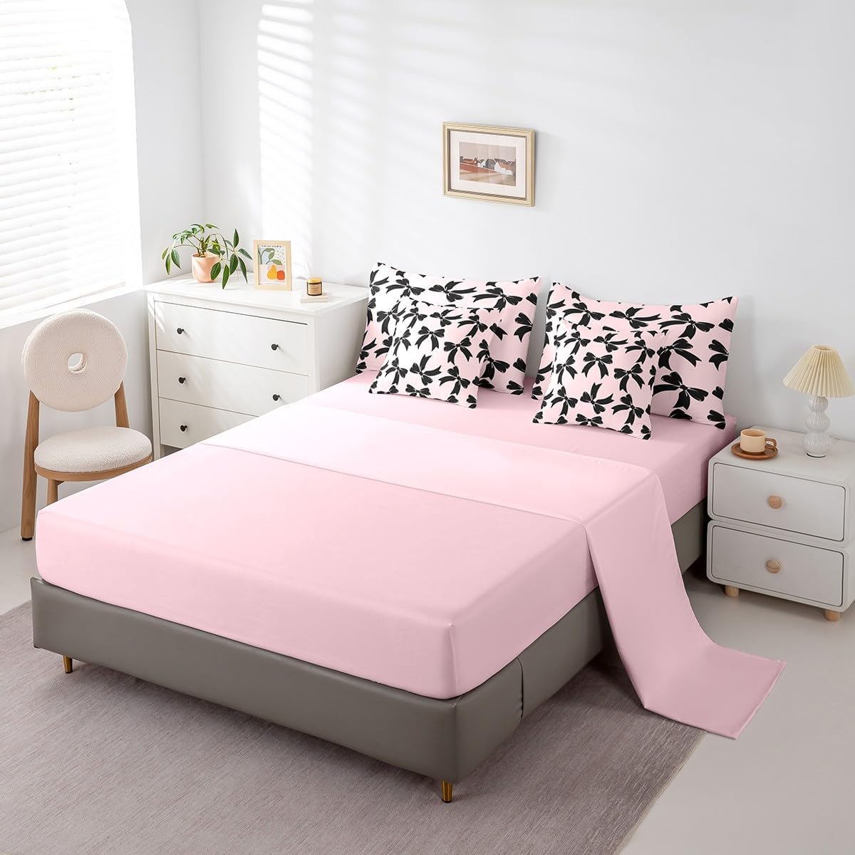 Feelyou Pink Bow 7 Pieces Bedding Set Cute Bowknot Comforter Set with Sheets for Kids Boys Girls Teens Room Decor Dreamy Princess Bow-tie Fairy Tale Bed in a Bag Queen Size Breathable Soft Microfiber