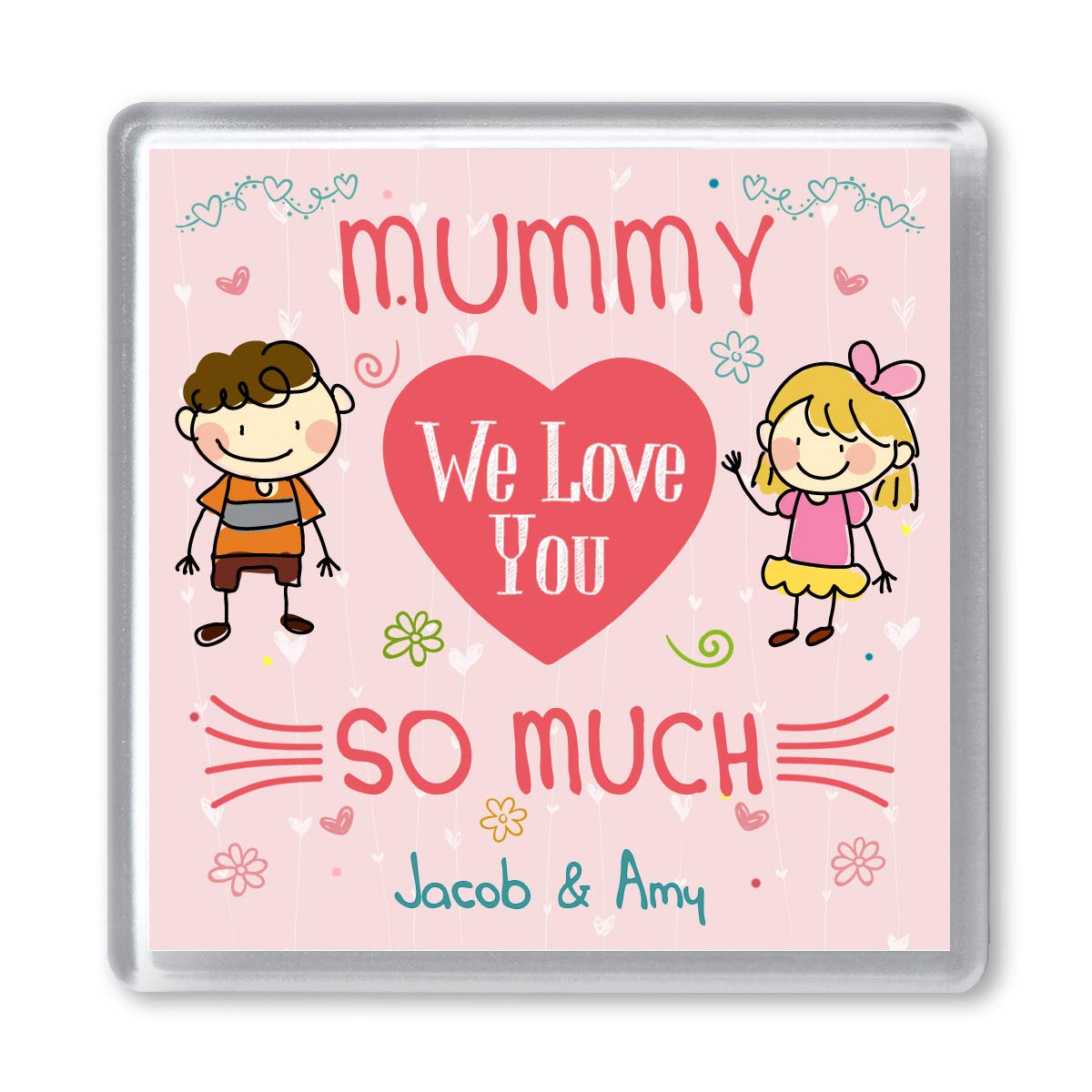 Mummy We Love You Personalised Gift Coaster. From 2 Children For Mum. Boys or/and Girls. Blonde or Brown Hair. Any Message. Mothers Day, Birthday